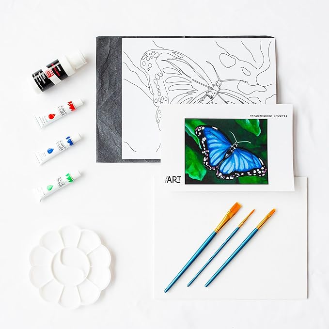 DIY Painting Class Kit for Adults with Video Tutorials: Learn to Paint Blue Butterfly – How to Paint with Acrylics – Ideal Mothers Day Gift – 9 Piece Acrylic Paint Set