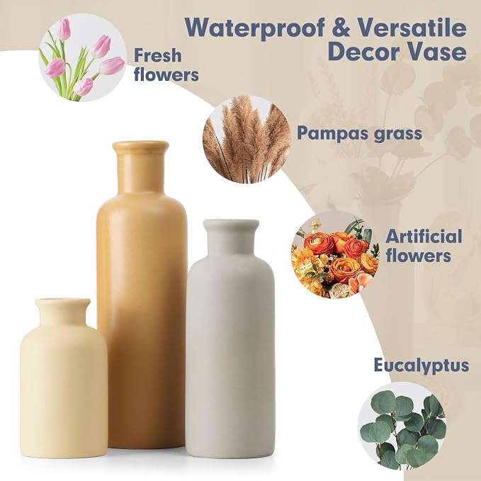 Ceramic Vase Set of 3, Brown Neutral Rustic Vases for Farmhouse Decor | Waterproof Farmhouse Vases for Pampas Grass & Dried Flowers, Rustic Vase for Table Bookshelf, Living Room