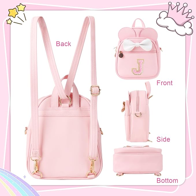 Personalized Toddler Backpack for Girls 3โ10, Cute Mini Bowknot Mouse-Ear Toddler Bookbag Crossbody Purse, Small Daypack Wallet Set, Initial Birthday Gift, Trendy Little Kids/Teen Bag(Pink,J)