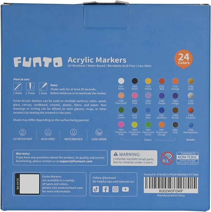 Funto Acrylic Paint Pens for Rock Painting, Fabric, Wood, Canvas, Metal, Ceramic, Glass, 24 Colors Paint Marker Set, Non-Toxic, Quick Drying