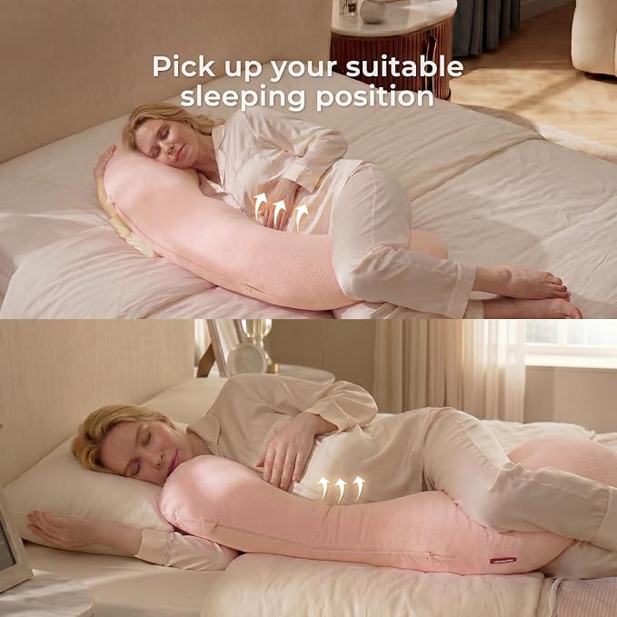 Momcozy Pregnancy Pillows for Side Sleeping, J Shaped Maternity Body Pillow for Pregnancy, Soft Pregnancy Pillow with Cotton Cover for Head Neck Belly Support, Pink