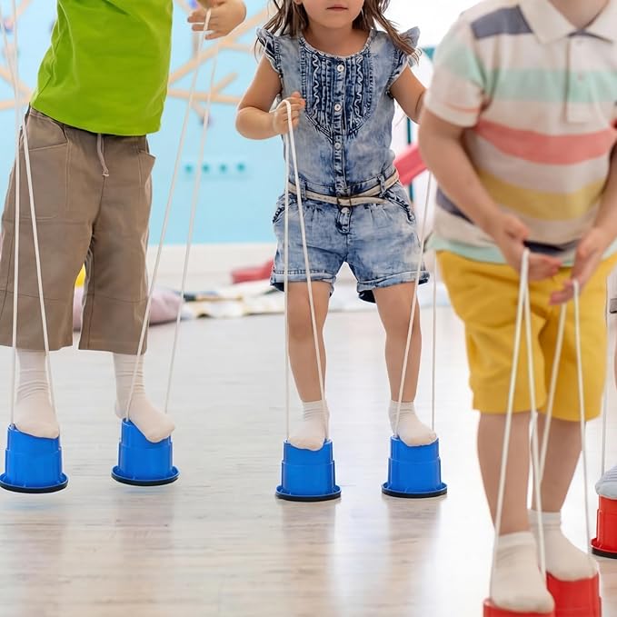 Foilswirl 4 Pcs Bucket Balancing Stilts with Upgraded Non-slip Grip Pads Plastic Walking Bucket Stilt with Adjustable Rope Balance Coordination Training Outdoor Stilts Walking Tool for Indoor Outdoor