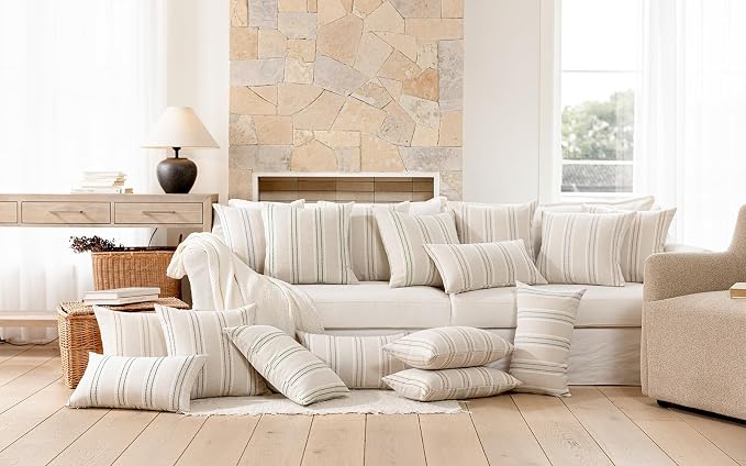 Hckot Striped Throw Pillow Covers 22x22 Set of 2 Lake Blue Pillow Covers | Farmhouse Decorative Pillows Textured Linen Square Cushion Covers for Sofa Couch Bed Living Room Decor(Lake Blue)