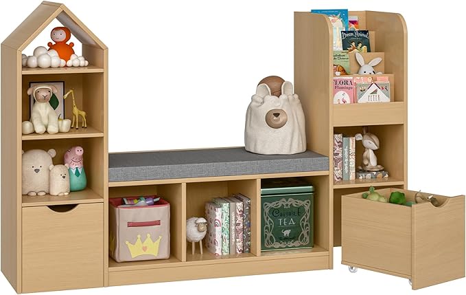 Kids Bookcase with Reading Nook, Bench Kids Bookshelf with 7 Storage Cubbies and 2 Movable Drawers, Multi-Purpose Toy Storage Organizer with Seat Cushion for Playroom, Bedroom, Living Room, Oak