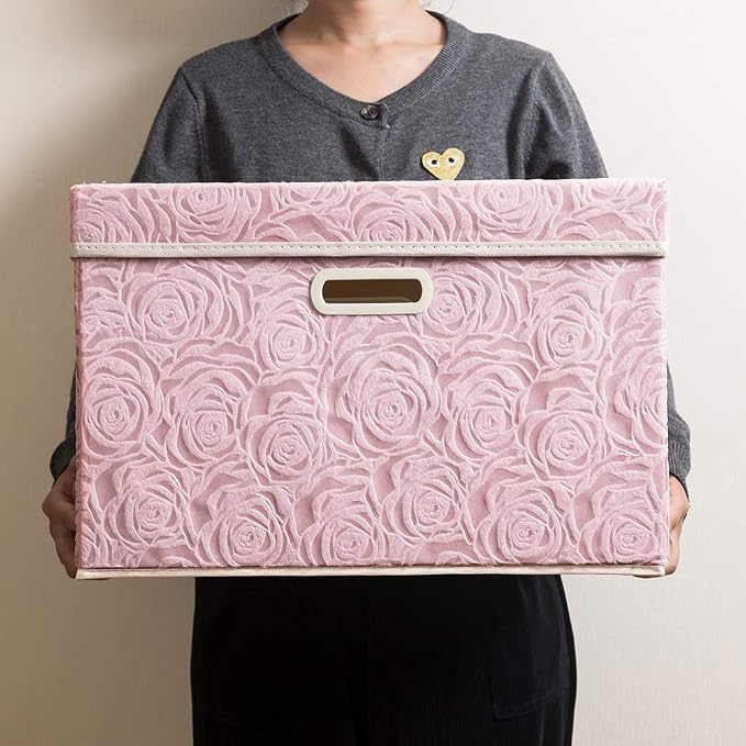 Larger Collapsible Storage Boxes with Lids Fabric Decorative Bins Cubes Organizer Containers Baskets Handles Divider for Bedroom Closet Living Room Pink 17.7x11.8x11.8 Inch 3 Pack