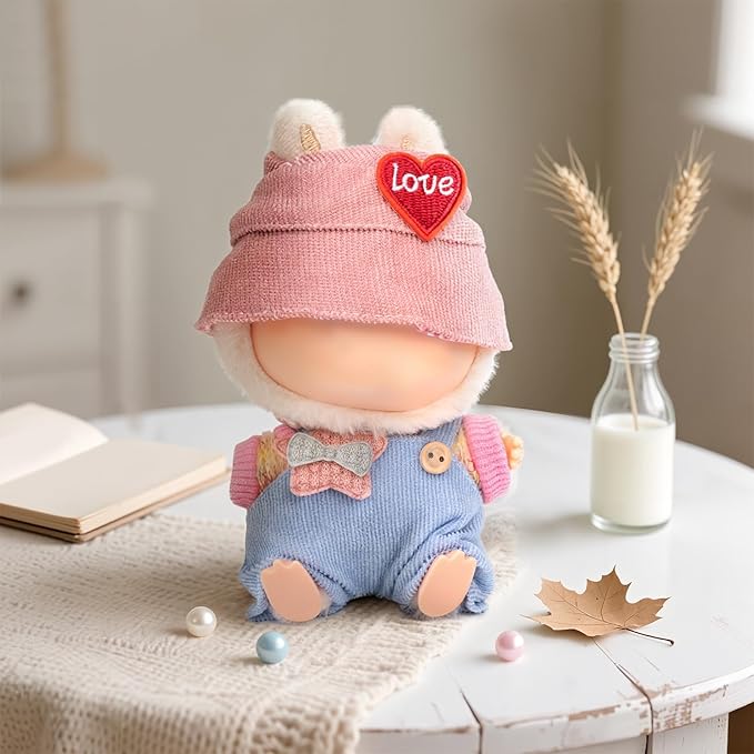 Handmade 17cm Doll Clothes - Kawaii Chic Style Set, Cute Doll Outfit with Accessories, Star Light Blue Romper + Heart Shaped Pink Hat + Colorful T-Shirt