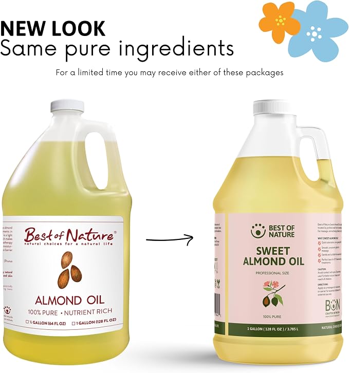 Best of Nature 100% Pure Sweet Almond Oil – Moisturizing Massage & Body Oil, Unscented for Hair, Skin, Face, Soap Making, Aromatherapy, Ideal Carrier for Essential Oils, Half Gallon (64 fl oz)