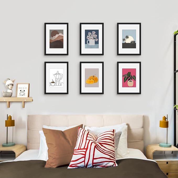 Picrit A4 Picture Frame Set of 12, Display 6x8 with Mat or 8.3x11.7 without Mat, Photo Frames for Wall Mounting or Table Top Display, Black