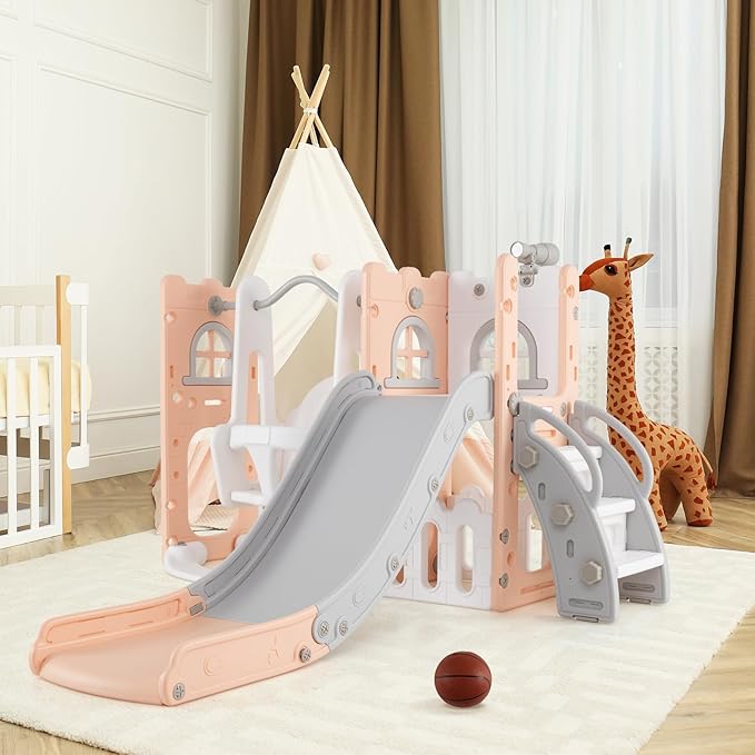 Costzon 7 in 1 Toddle Swing and Slide Set, Freestanding Toddler Slide Playset w/Swing, Basketball Hoop, Kids Slide for Toddler Age 1-3 Playground w/Storage Space, Gifts for Boys Girls (Pink)