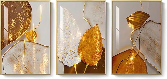 Framed Modern Luxury Wall Art for Living Room, Large White and Gold Leaf Artwork for Bedroom Walls, 3 Piece Contemporary Bright Style Abstract Prints for Office Hallway Hallway Wall Decor, 24x36 Inch