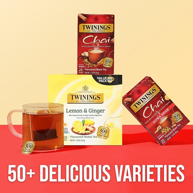 Twinings Chai Black Tea Individually Wrapped Bags, 20 Count (Pack of 1), Sweet, Savoury Spices, Caffeinated, Enjoy Hot or Iced, 20 Teabags