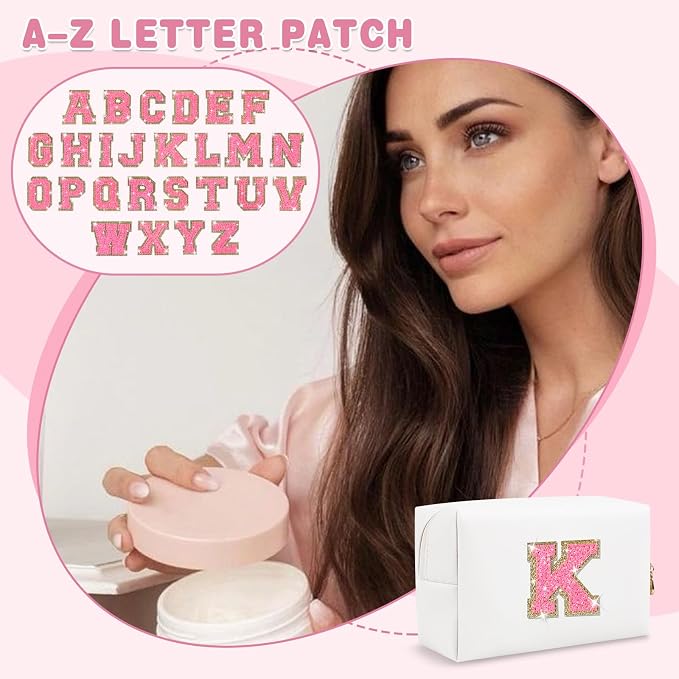 Small Personalized Initial A-Z Patch Makeup Bag,White Cute PU Leather Glitter Letter Cosmetic Bag for Teen Girls,Travel Toiletry Bag with Zipper,Preppy Monogrammed Birthday Gift for Daughter Niece K