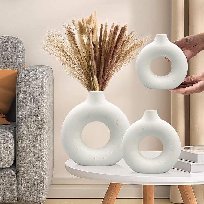 White Ceramic Vases Set 3 for Modern Home Decor,Round Matte Pampas Flower Vases Minimalist Nordic Boho Ins Style for Wedding Dinner Table Party Living Room Office Bedroom, Decorative Gift