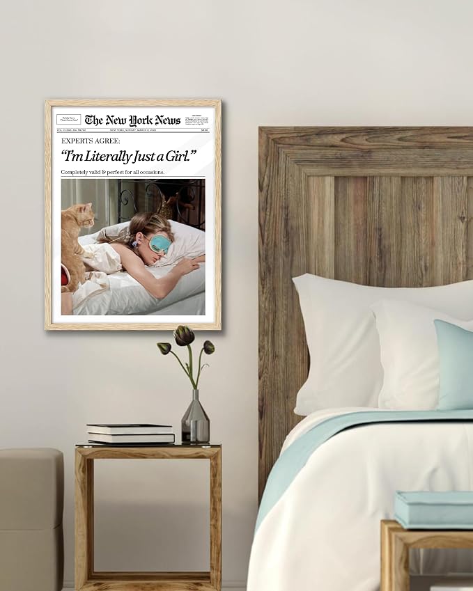EcoHest 12x16 in Audrey Hepburn I'm Literally Just a Girl Framed Wall Art | Natural Oak Wood Frame with Canvas Wall Art, Vintage Newspaper Wall Decor for Bedroom, Bathroom, Apartment, Dorm Room, 1Pack