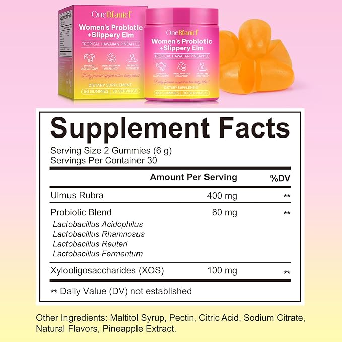 Feminine Probiotics Gummies for Women with Slippery Elm, Vaginal Probiotics for Women Gummies, Feminine Balance pH Gummies for Healthy Odor, Improve Immune,Support Vaginal Health -60 Pineapple Gummies