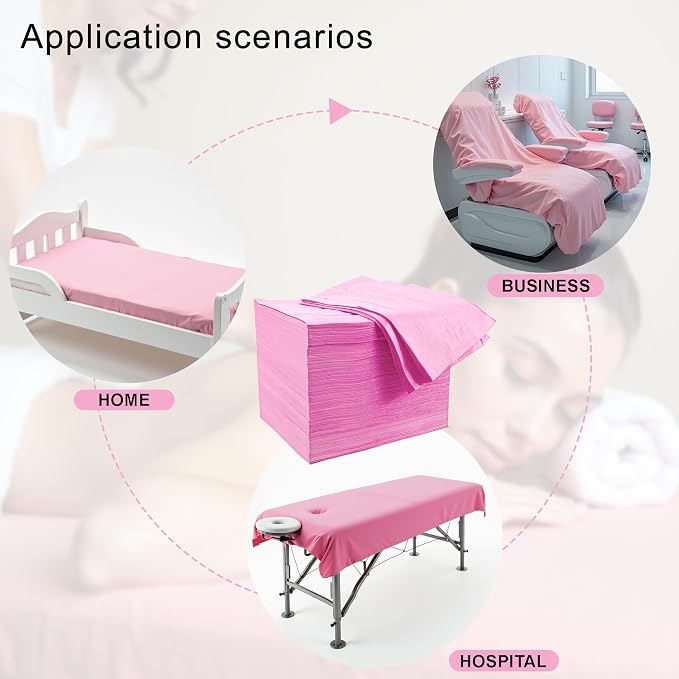100 Pack 31" x 71" Disposable Non-Woven Massage Table Bed Covers - 2-Ply Waterproof Spa Sheets for Facial, Tattoo & Waxing.(pink 100pc)
