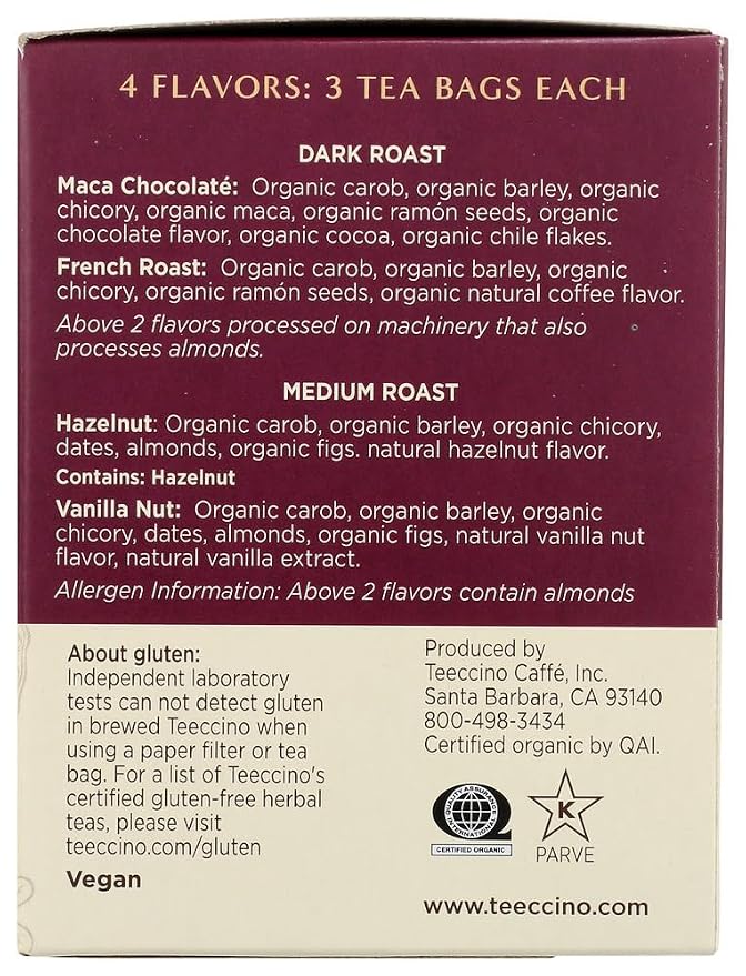 Teeccino Chicory Roasted Herbal Tea Sampler Pack (French Roast, Hazelnut, Vanilla Nut and Chocolaté), Caffeine Free, 12 Tea Bags (Pack of 2)