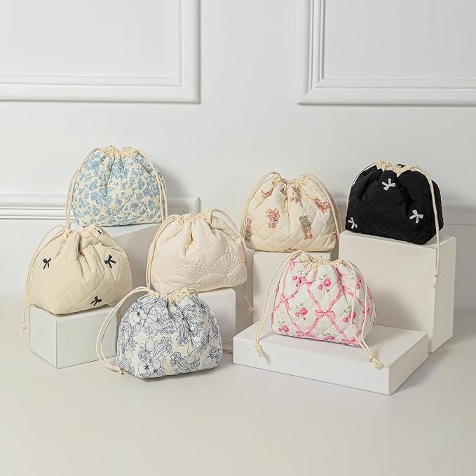 3pcs Large Cotton Quilted Makeup Bag Set,Coquette Aesthetic Cute Travel Toiletry Bag,Drawstring Gift Bag for Women and Girls(3Pcs Light Blue)