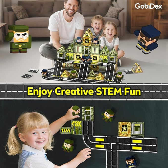 GobiDex 100PCS Army Magnetic Tiles with 6 Toy Soldiers, Military Magnetic Blocks Building Toys for Kids Ages 3-5 4-8, STEM Construction Army Men Toddler Toys Birthday Gifts for 3+ Year Old Boys Girls