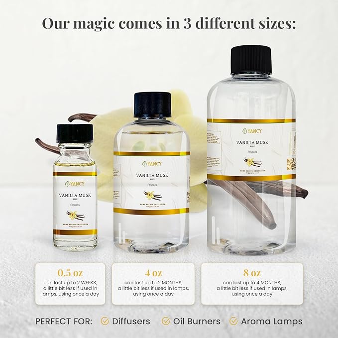 YANCY Vanilla Musk Home Collection Fragrance Oil (1/2 oz), Luxurious Vanilla and Musk Scent, Warm Fragrance for Diffusers, Oil Burners & Aroma Lamps, Cozy Scent for Relaxing Home Spaces