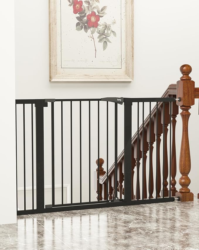 29.7"-51.5" Extra Wide Baby Gate for Stairs, Easy Walk Thru Dog Gate, Black | 21.1" Large Opening Door, Pressured Mounted No Drilling, 30" Tall Pet Gate for Doorways, Hallways, Kitchen & Bedroom