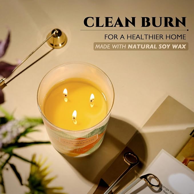 HomeLights Large jar Candle | 3-Wick Long-Lasting Scented Candles, 34oz Natural Soy Wax Candle for Home Scented, Rustic Modern Gifts for Women & Men, Fall Wreath