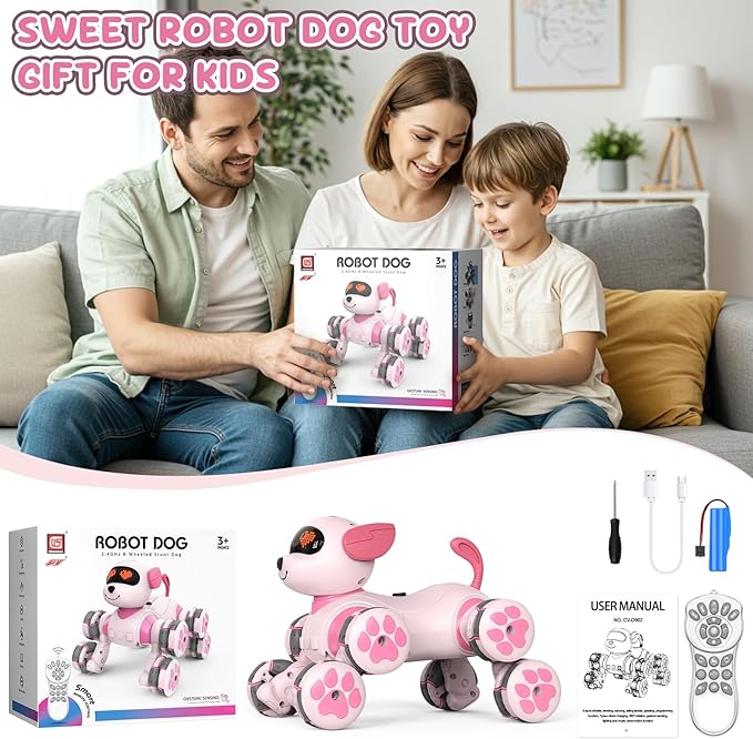 8WD Stunt RC Car Robot Dog Toys for Girls Age 3+, 2.4GHz Remote Control Car Dog Toys with LED Eyes, Smart Interactive Programmable Robot Gift for Boys & Girls Age 3 4 5 6 7 8 Year Old
