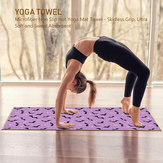 Halloween Bats Moons Yoga Mat Towel 73 x 27 Inch Non Slip Soft Sweat Absorbent Hot Yoga Mat Towel for Pilates and Workout