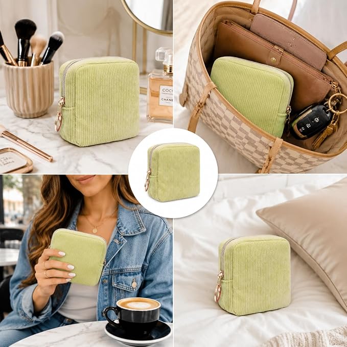 Period Bag for Girls, Corduroy Period Kit with Sanitary Pad Pouch, Menstrual Storage Bag and Tampon Holder for Purse, Girls School Essentials,Feminine Care Organizer(Green)