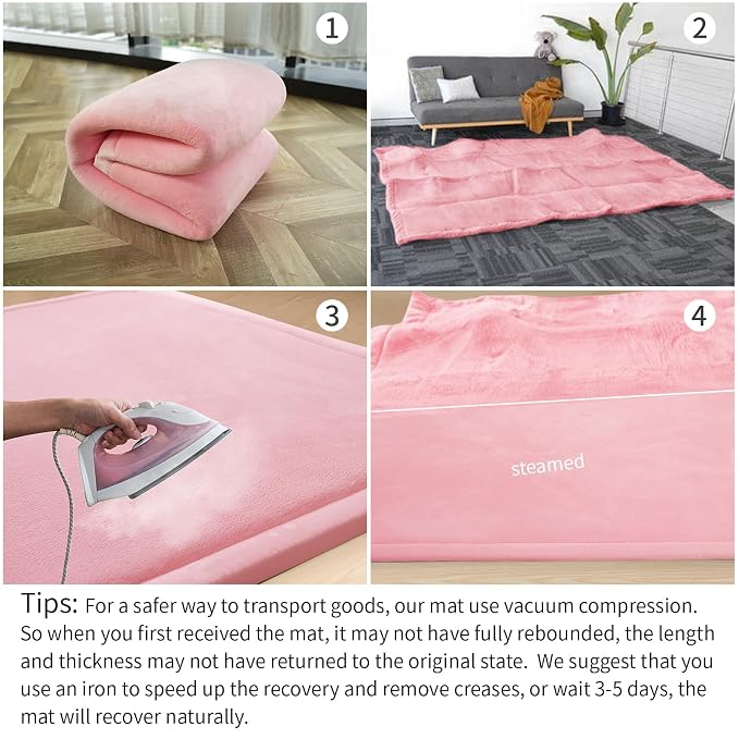 Baby Play Mat for Floor,1.3" Thick Memory Foam Tummy Time Mat for Toddlers,Infants,Kids,Soft Coral Velvet,Extra Large Non Slip for Crawling,Yoga,Tatami Style for Living Room(Pink)
