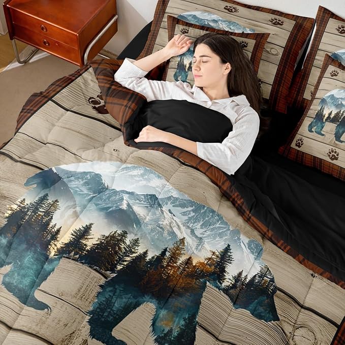 Feelyou Rustic Bear Comforter Set with Sheets Wild Animal Bear Full Size 7 Piece Bedding Set Kids Boys Girls Hunting Theme Bed in a Bag Rustic Cabin Country Room Decor