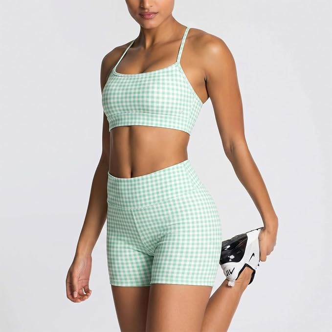 ABOCIW Workout Sets for Women 2 Piece Color Block Strappy Sports Bra High Waist Shorts Gym Yoga Pilates Outfits