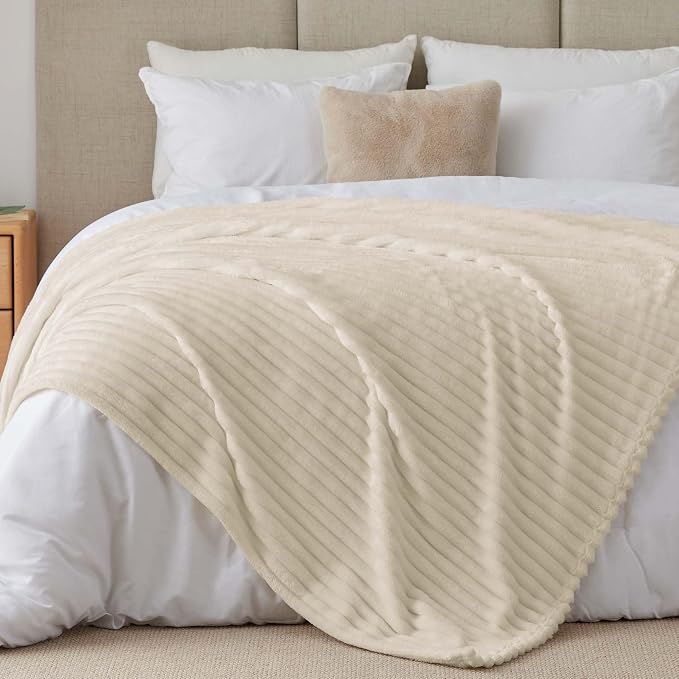 BEDELITE Ribbe Blankets Queen Size for Bed, Beige, 90"x90" | Ultra-Soft Plush Fleece, Warm Yet Lightweight, Ribbed Texture, Home Decor, Machine Washable, Giftable, All-Season Use