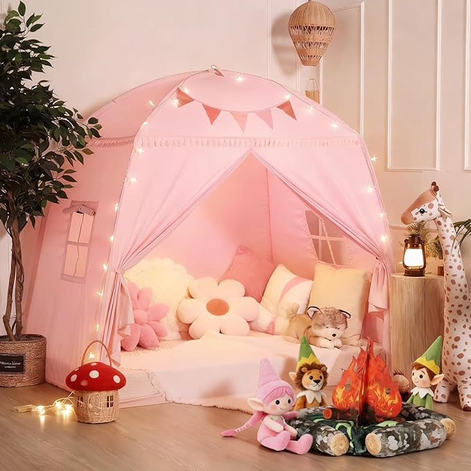 Sumbababy Large Teepee Tent for Kids: with Star Lights - Tent Indoor Kids Teepee Tent for Boys & Girls - Kids Play Tent Inside Canopy Bed for Playroom Gift Toys (Pink)