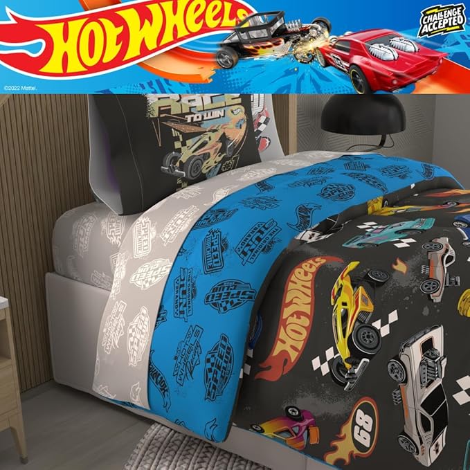 Hot Wheels Kids Bedding Super Soft Comforter and Sheet Set with Sham, 5 Piece Twin Size, (Officially Licensed Product) By Franco