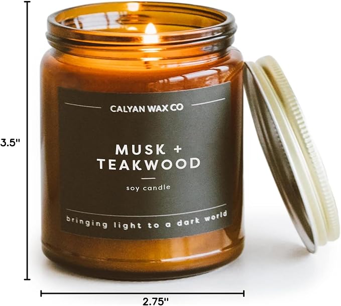 Calyan Wax Co. Musk & Teakwood Scented Candle - 57 Hour Burn - Luxury Clean Soy Wax Candles - Long Lasting Amber Glass Jar Candle for Home - 7.2oz