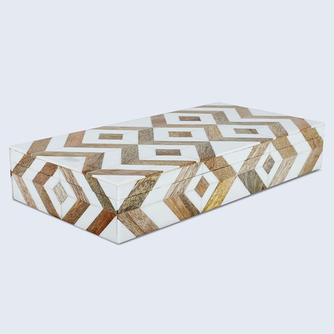 Handicrafts Home Large Decorative Storage Box with Lid Wooden Decorative Box Coffee Table Storage Box Living Room Organizer – Resin Inlay Marquet Array Collection- 12x6x2