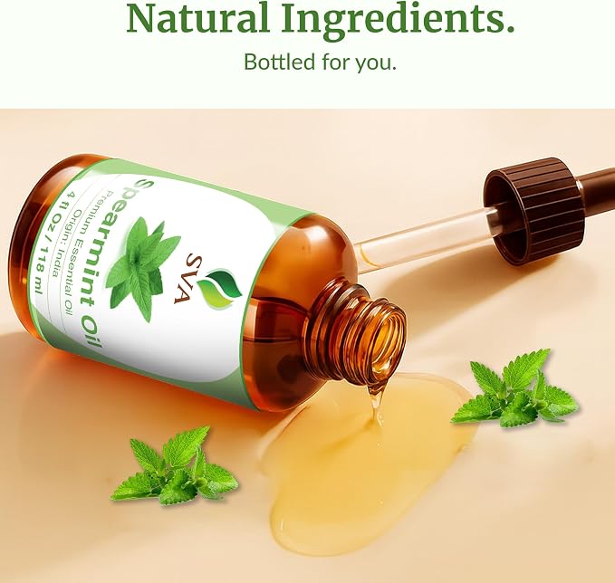 SVA Spearmint Essential Oil 4 Fl Oz – for Diffuser, Skin & Hair Care – Ideal for Massage & DIY Blends - with Dropper