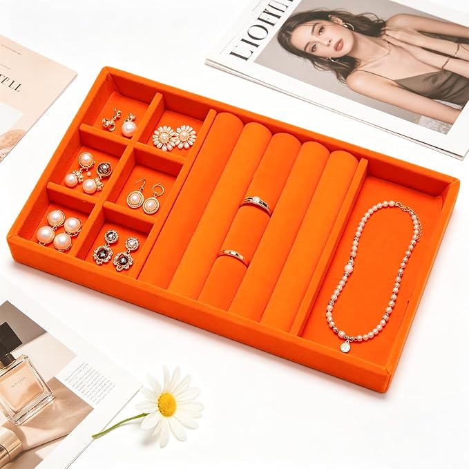 Velvet Jewelry Trays for Drawers, Orange 3-in-1 | Stackable Jewelry Drawer Organizer, Ring Earring Necklace Holder Organizer Storage Display Tray with Removable Dividers
