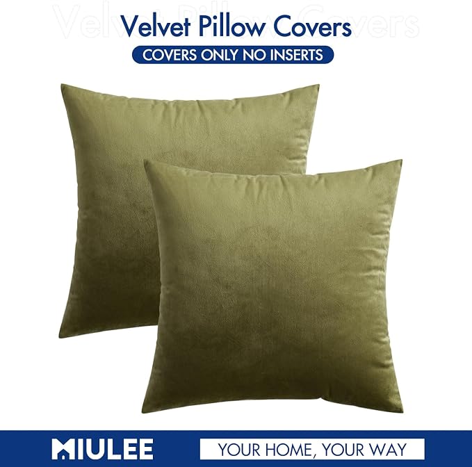 MIULEE Velvet Throw Pillow Covers 18x18 Inch Pack of 2 Light Olive Green | Soft Solid Decorative Pillow Covers, Modern Luxury Home Decor, for Couch Chair Sofa Bedroom Livingroom