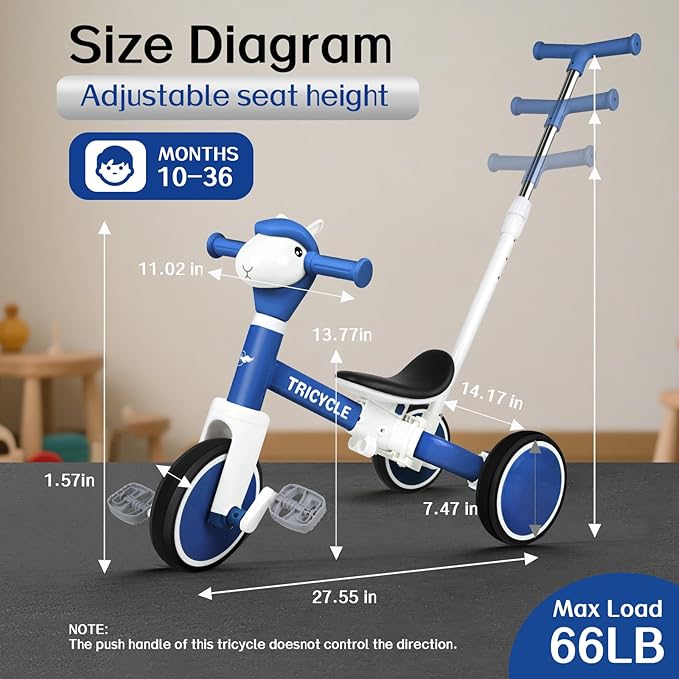 Tricycle for Toddlers 1-3 Year Olds, 5 in 1 Toddler Balance Bike 2-4 Years Old Boys Girls, Push Trike Toys with Adjustable Handle, Birthday Gifts for 2 3 4 5 Year Old Kids Bike (Blue)