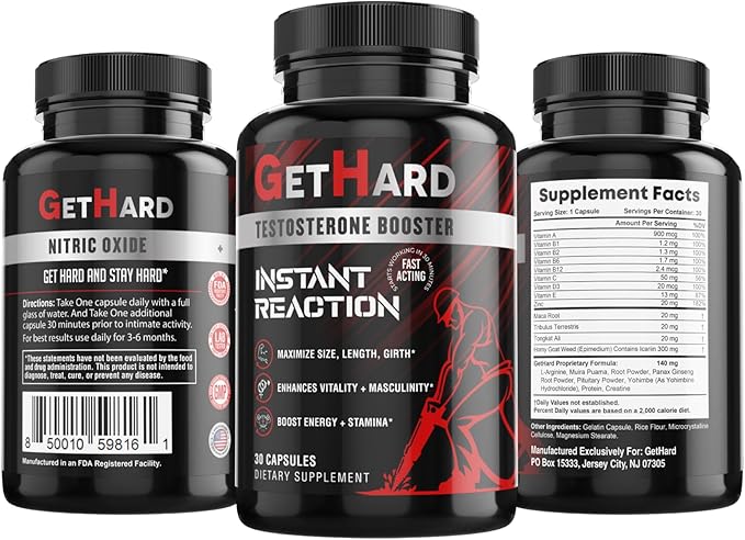 GETHARD™ Male Performance + MULTIVITAMIN – Increase Size, Strength, Stamina | Nitric Oxide & Testosterone Enhancer w/Ginseng & MacaRoot +19 Fast Acting Natural Ingredients