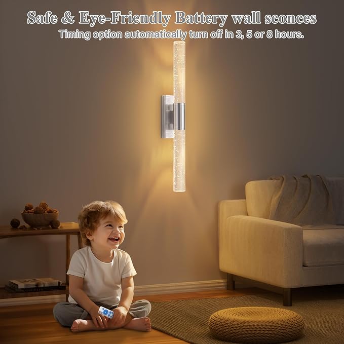 camuucci Battery Operated Wall Sconces Set of 2, Rechargeable Wall Lights | 12000mAh Long-Lasting Battery,Dimmable Cordless Sconce,No Wiring Needed for Bedroom,Living Room,Silver 20.9-Inch