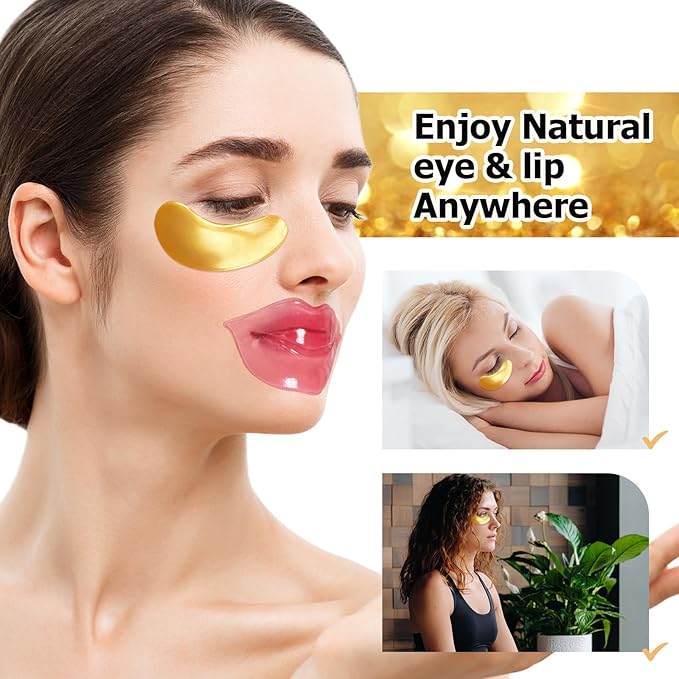 Jakuva 30 Pairs Lip Masks & Eye Masks,Gold Under Eye Patches for Puffy,Peach Red Lip Masks Skincare,Effectively Moisturizing Facial Skin, Anti-Aging, Reducing Fine Lines, Nourishing for Face Care