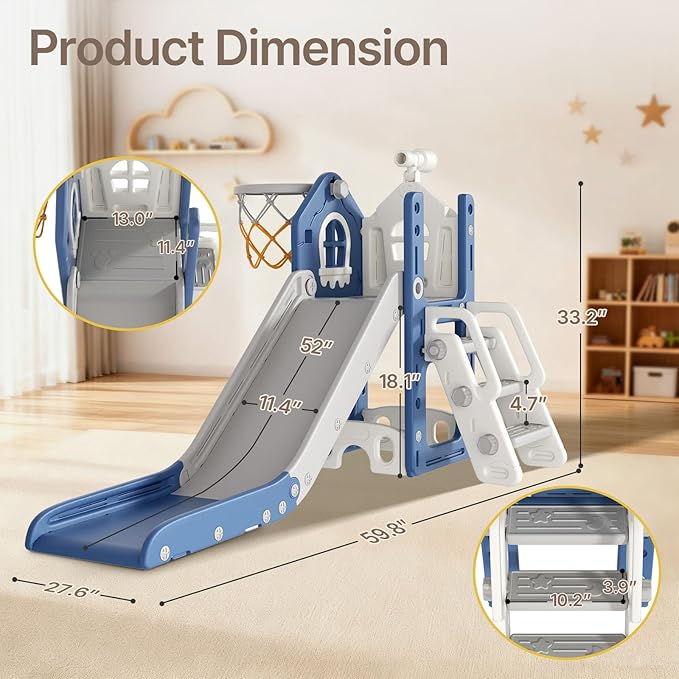 BIERUM 6 in 1 Toddler Slide - L-Shaped Baby Slide for Toddlers Aged 1-3 with Basketball Hoop, Telescope Toy and Anti-Slip Pads, Indoor Outdoor Toddler Playset, Blue Gray