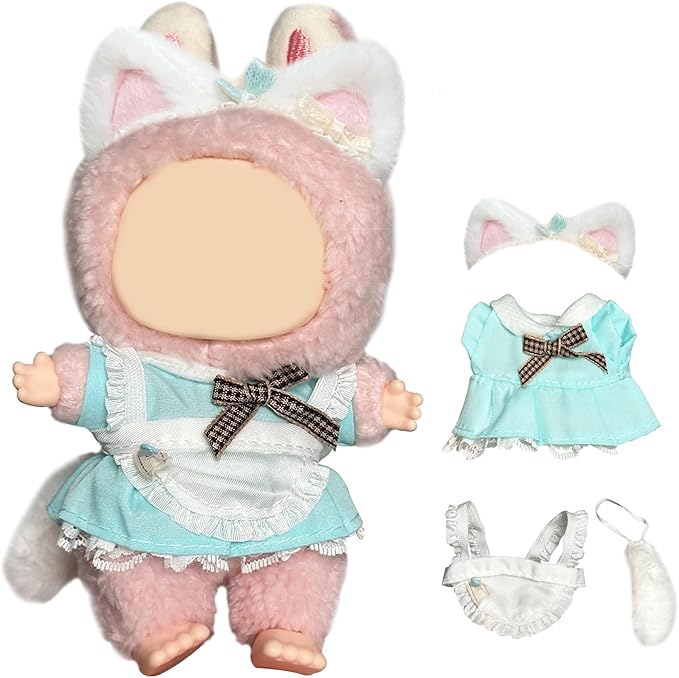 Teal Maid Outfit for Labubu, Maid Dress with Apron Ears and Tail for Labubu Clothes, Cute Maid Costume Set, Clothes Accessories for labubu Toys.