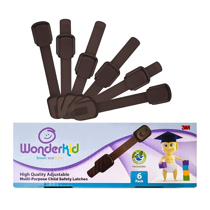 Adjustable & Reusable Child Safety Cabinet Locks & Latches, Baby Proofing Door Window, Cabinet, Toilet, & Refrigerator Lock, Child Safety Strap Locks with Adhesive Pads, Pack of 6, Brown - Wonderkid