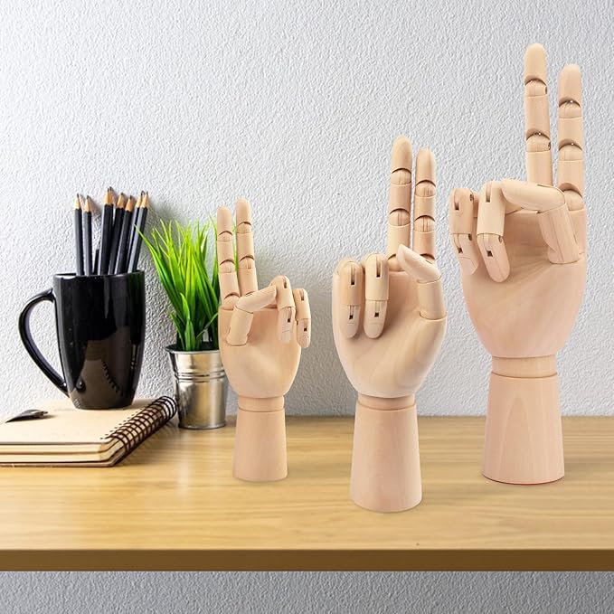 GNIEMCKIN Wooden Hand Model, 3 PCS, 12/10/7 Inches Right Hand Art Mannequin Figure with for Hand Jewelry Display, Decoration, Sketching.