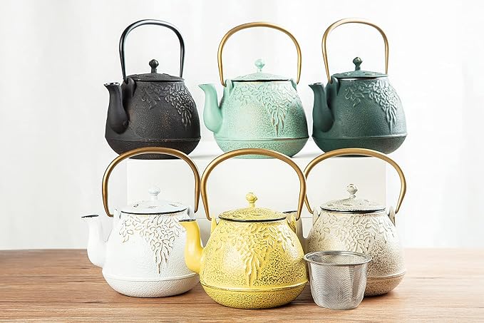 TOPTIER Tea Kettle for Stove Top, Cast Iron Teapot Stovetop Safe with Infusers for Loose Tea, 22 oz, Light Green