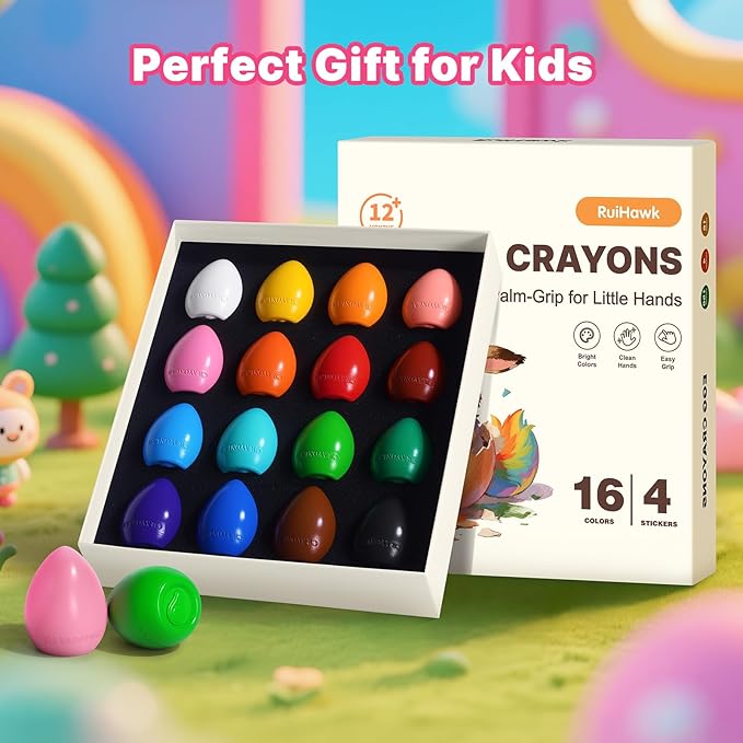 Egg Crayons for Toddlers 1-3, 16 Pack Jumbo Palm Grasp Crayons with Anti-Roll Flat Bottom & Fruit Patterns, Washable, Non-Toxic & Unbreakable Art Supplies Gifts for Boys Girls